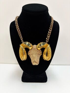 Vintage RAZZA Aries Ram Head Statement Necklace Gold Tone 1970s 19” Chain